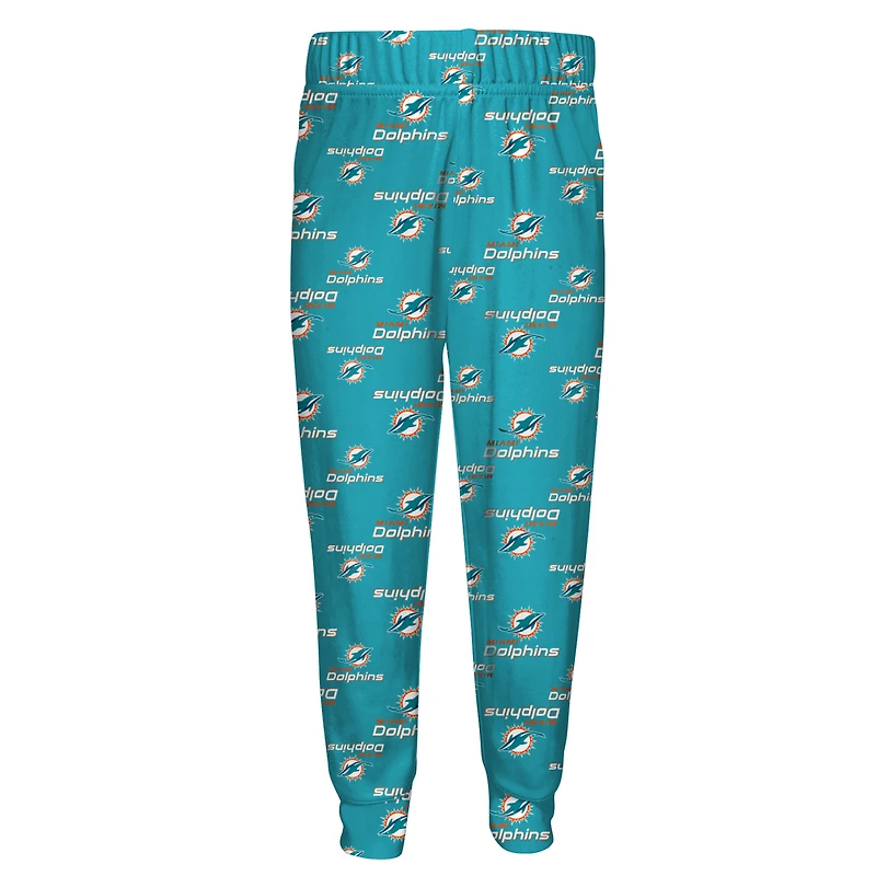 Ensemble de nuit Youth Outerstuff Aqua Miami Dolphins avec t-shirt à manches longues et pantalon imprimé intégral