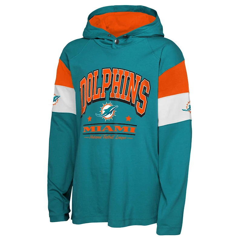 T-shirt à capuche manches longues Youth Outerstuff Aqua Miami Dolphins The Champs Back