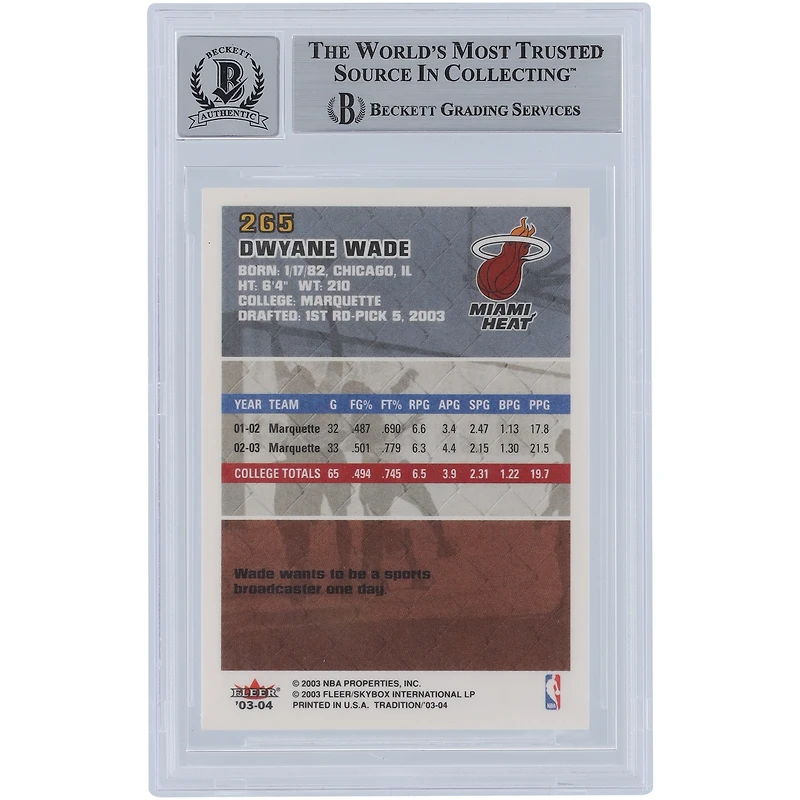 Carte de recrue authentifiée 10 signée Dwyane Wade par les fans de Beckett, 2003-04 Fleer Tradition #265, Miami Heat