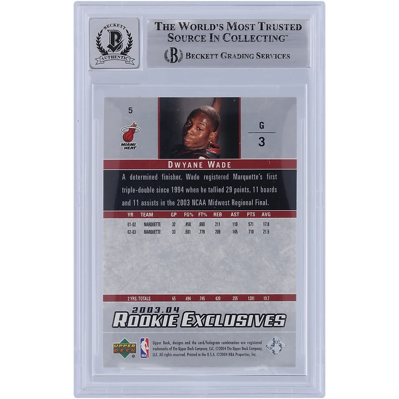 Carte Rookie 9/10 authentifiée et signée par Dwyane Wade, Miami Heat, 2003-04, Upper Deck, exclusive aux recrues, numéro 5, Beckett Fanatics, avec inscription « HOF 23 »