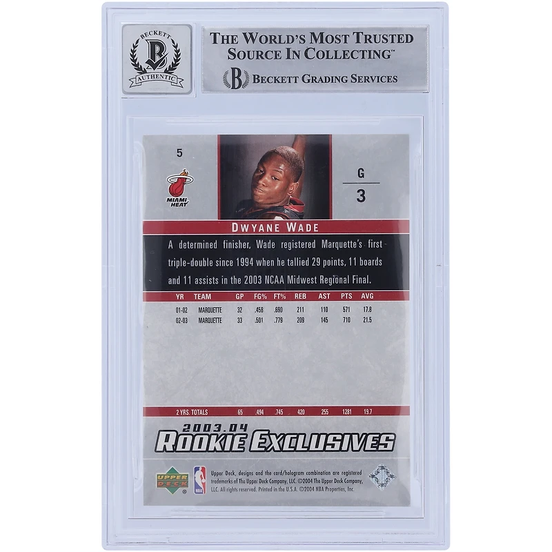 Dwyane Wade Miami Heat autographié 2003-04 Upper Deck Rookie Exclusives Star Rookie #5 Beckett Fanatics Witnessed Authenticated 10 Rookie Card