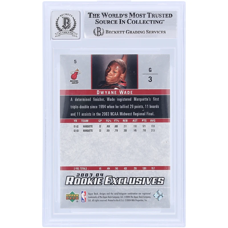 Carte Rookie 10 authentifiée numéro 5 Beckett Fanatics Witnessed Miami Heat autographiée par Dwyane Wade 2003-04 Upper Deck Star Rookie Exclusives avec inscription « HOF 23 »