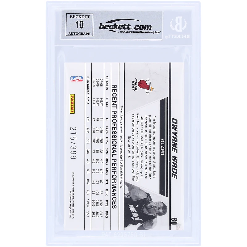 Dwyane Wade Miami Heat Autographed 2010-11 Panini Donruss Production Line #80 #/399 Beckett Fanatics Witnessed Authenticated 10 Card