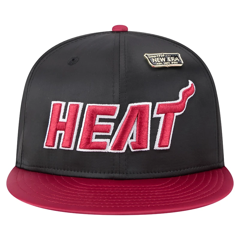 Men's New Era Black/Red Miami Heat Throwback Satin Vintage Pin Two-Tone 59FIFTY Fitted Hat
