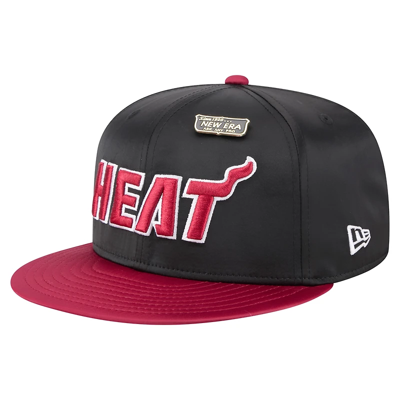 Men's New Era Black/Red Miami Heat Throwback Satin Vintage Pin Two-Tone 59FIFTY Fitted Hat