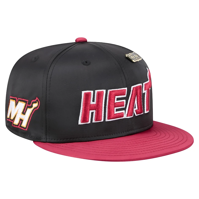 Men's New Era Black/Red Miami Heat Throwback Satin Vintage Pin Two-Tone 59FIFTY Fitted Hat