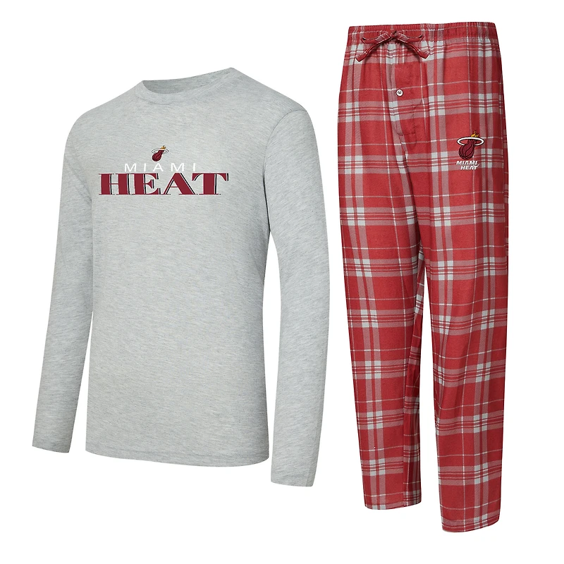 Men's Concepts Sport Wine/Heather Gray Miami Heat Regulate Long Sleeve T-Shirt & Plaid Pant Set