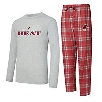 Men's Concepts Sport Wine/Heather Gray Miami Heat Regulate Long Sleeve T-Shirt & Plaid Pant Set