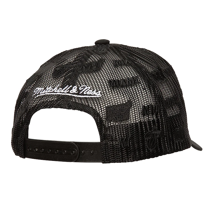 Men's Mitchell & Ness Black Miami Heat Monogram Allover Logo Mesh Trucker Adjustable Hat