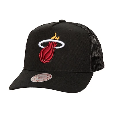 Men's Mitchell & Ness Black Miami Heat Monogram Allover Logo Mesh Trucker Adjustable Hat