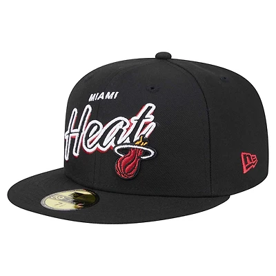 Men's New Era Black Miami Heat Sport Night Script Sided 59FIFTY Fitted Hat