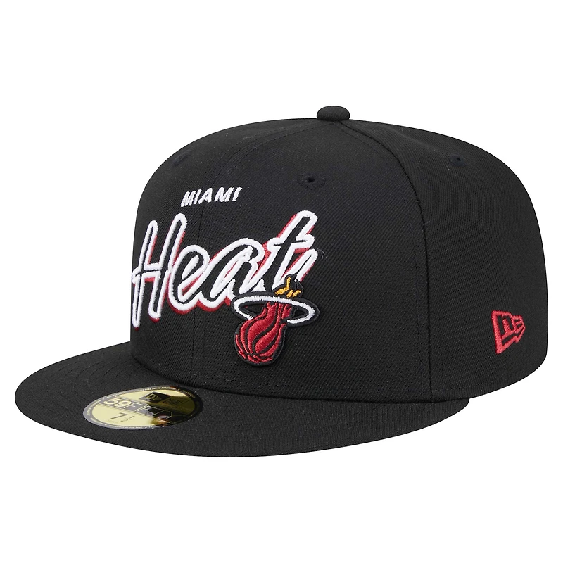 Men's New Era Black Miami Heat Sport Night Script Sided 59FIFTY Fitted Hat