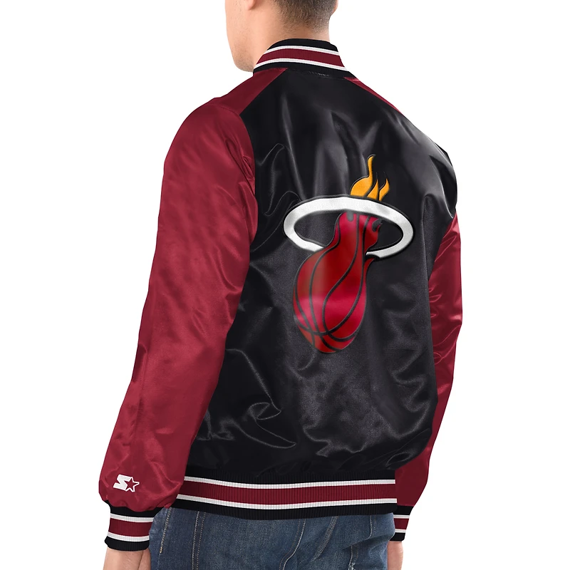 Veste universitaire à bouton-pression en satin Starter noir/rouge Miami Heat Renegade pour hommes