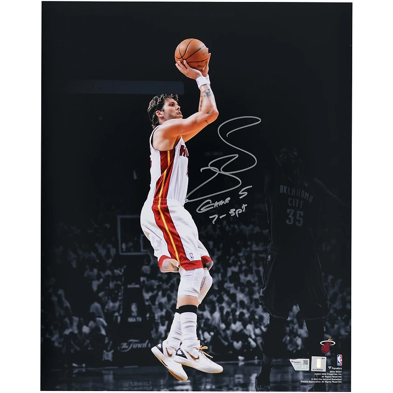 Photo dédicacée de Mike Miller (Miami Heat) - 40,6 x 50,8 cm (16 x 20 pouces) - Match 5 des finales NBA 2012 contre le Thunder d'Oklahoma City - avec inscription « Match 5, 7-3 PT ».