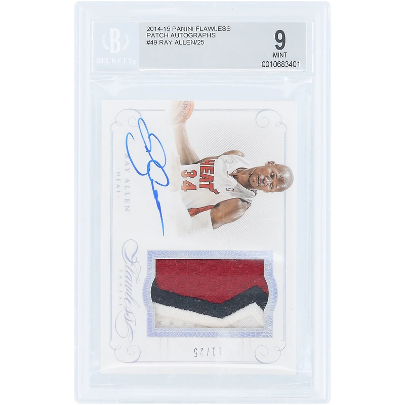 Carte Panini Flawless Tri-Color Relic 2014-15 de Ray Allen, Miami Heat, autographiée et utilisée en match #PA-RA # 11, authentifiée BGS 9/10