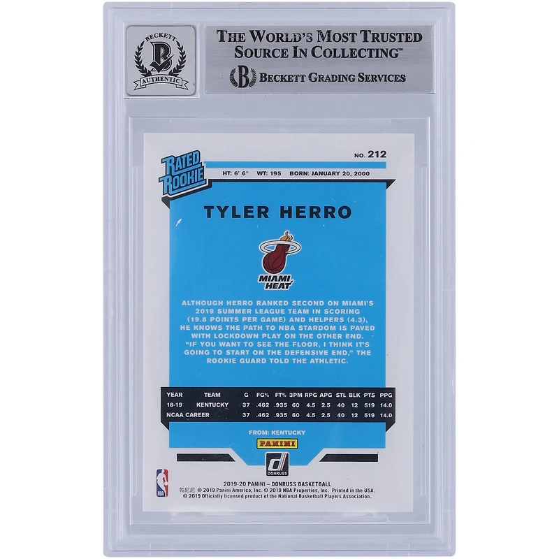 Tyler Herro Miami Heat Autographed 2019-20 Panini Donruss #212 Beckett Fanatics Witnessed Authenticated 9/10 Rookie Card