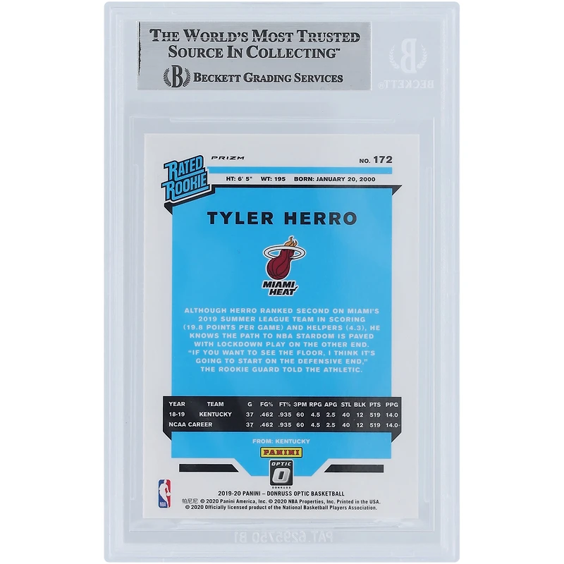 Tyler Herro Miami Heat Autographed 2019-20 Panini Donruss Optic Blue Velocity #172 Beckett Fanatics Witnessed Authenticated Rookie Card