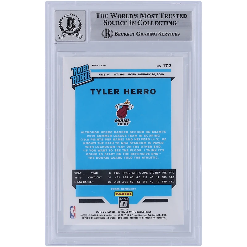 Tyler Herro Miami Heat Autographed 2019-20 Panini Donruss Optic Fanatics Box Set #172 Beckett Fanatics Witnessed Authenticated /10 Rookie Card