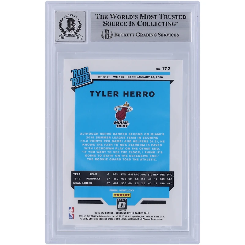 Tyler Herro Miami Heat Autographed 2019-20 Panini Donruss Optic #172 Beckett Fanatics Witnessed Authenticated 9/10 Rookie Card