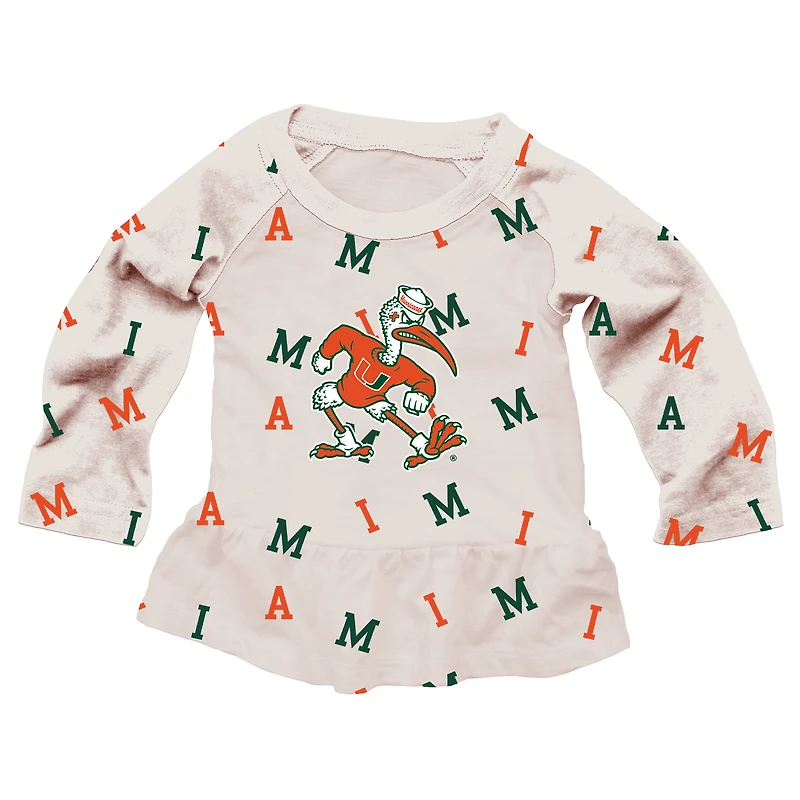 Girls Infant Wes & Willy Oatmeal Miami Hurricanes Ruffle Raglan Long Sleeve T-Shirt Leggings Set