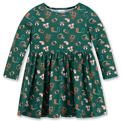 Girls Toddler ZooZatz Green Miami Hurricanes All-Over Print Football Dress