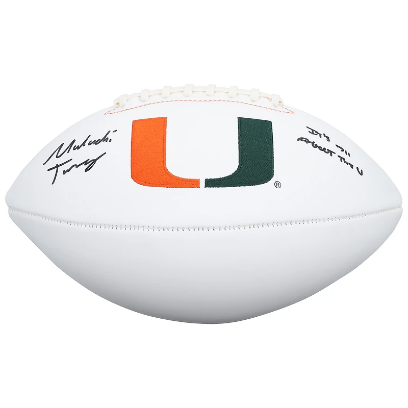 Ballon de football américain à panneau blanc autographié par Malachi Toney des Miami Hurricanes avec l'inscription « It's All About the U ».