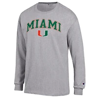 T-shirt à manches longues avec logo Arch Over Champion Heather Grey pour homme des Miami Hurricanes