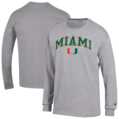 T-shirt à manches longues avec logo Arch Over Champion Heather Grey pour homme des Miami Hurricanes