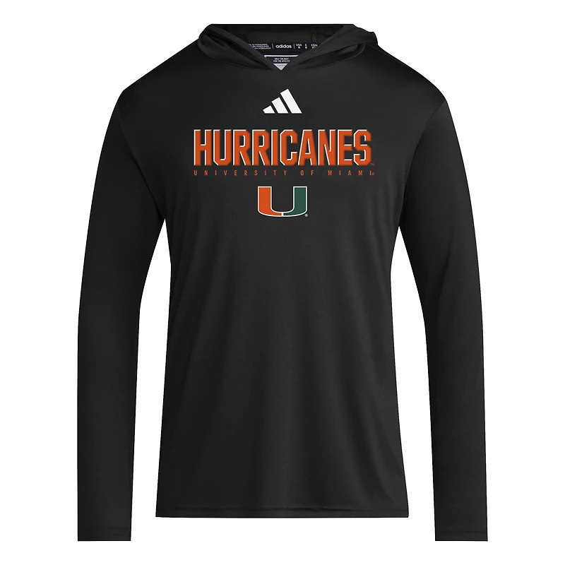 T-shirt à capuche et manches longues adidas noir Miami Hurricanes 2025 AEROREADY Sideline Training pour homme