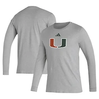 T-shirt d'avant-match à manches longues avec logo de casier principal adidas Miami Hurricanes pour hommes, gris
