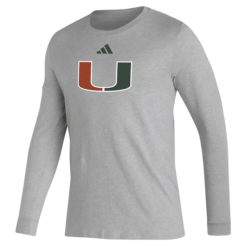 T-shirt d'avant-match à manches longues avec logo de casier principal adidas Miami Hurricanes pour hommes, gris