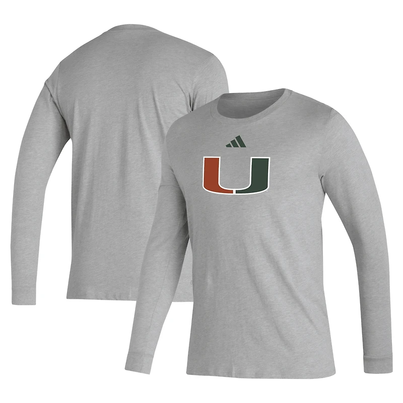 T-shirt d'avant-match à manches longues avec logo de casier principal adidas Miami Hurricanes pour hommes, gris