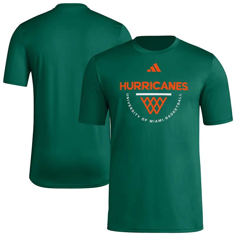 Men's adidas Green Miami Hurricanes Basketball Practice Net Arch Pregame T-Shirt