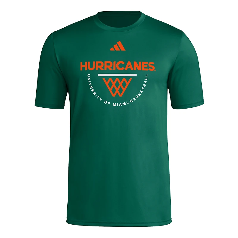 Men's adidas Green Miami Hurricanes Basketball Practice Net Arch Pregame T-Shirt
