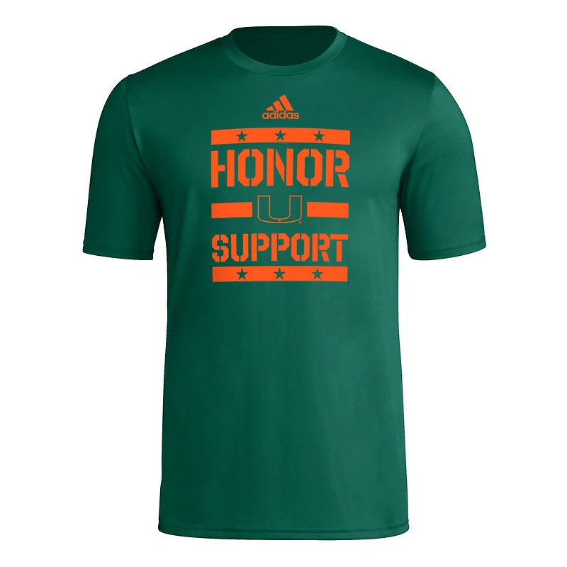 Men's adidas Green Miami Hurricanes Honor & Support Pre-Game T-Shirt