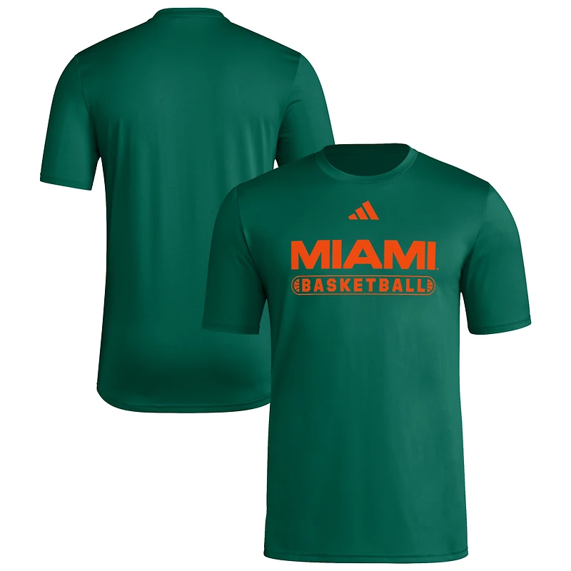T-shirt de basket-ball adidas vert Miami Hurricanes pour homme, porté sur le terrain avant match.