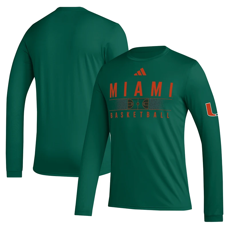 T-shirt à manches longues adidas pour hommes, vert, Miami Hurricanes, entraînement de basket-ball, avant-match, AEROREADY
