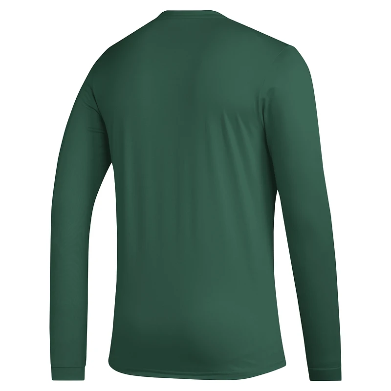 T-shirt à manches longues adidas pour hommes, vert, Miami Hurricanes, entraînement de basket-ball, avant-match, AEROREADY