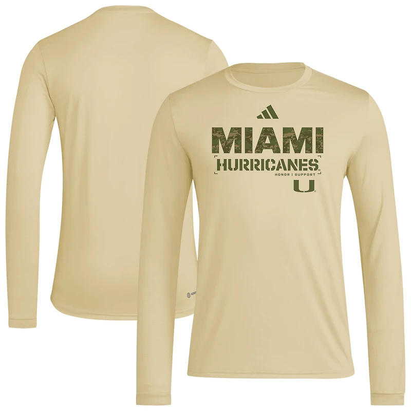 Men's adidas Natural Miami Hurricanes Strategy Pre-Game Long Sleeve T-Shirt