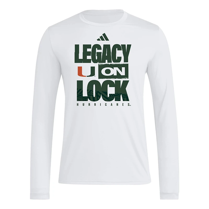 T-shirt à manches longues adidas blanc Miami Hurricanes Legacy On Lock pour homme