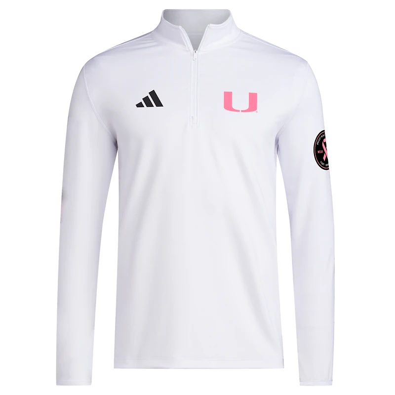 Pull adidas blanc Miami Hurricanes Wear Pink à quart de zip pour homme