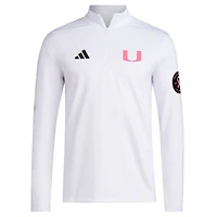 Pull adidas blanc Miami Hurricanes Wear Pink à quart de zip pour homme