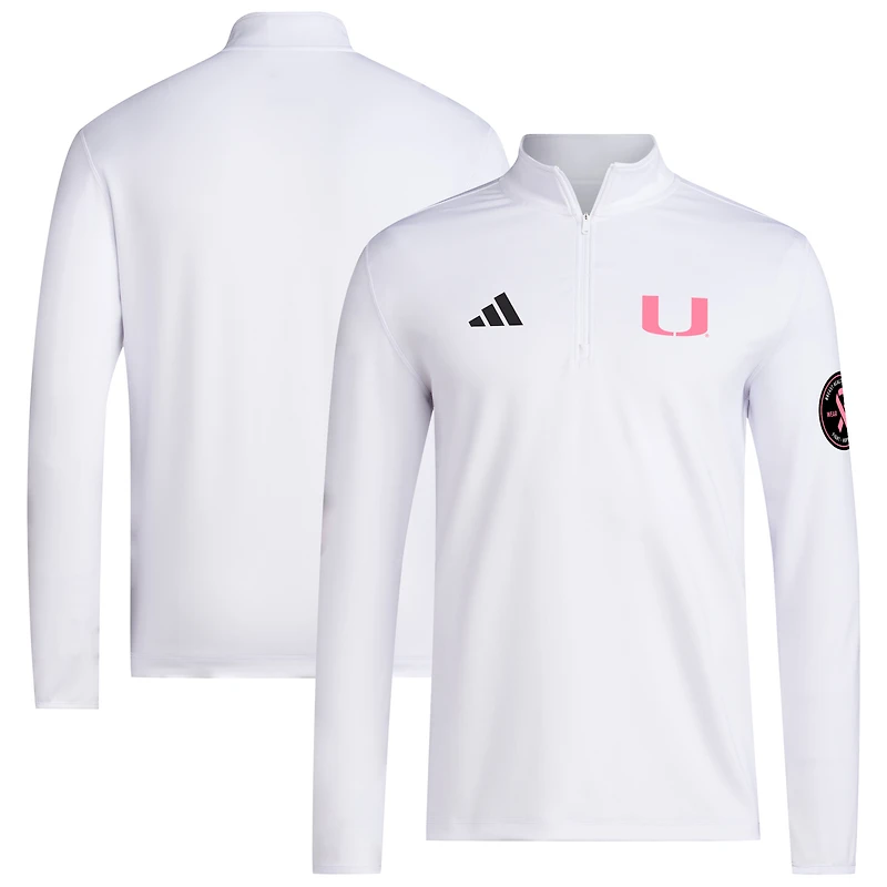 Pull adidas blanc Miami Hurricanes Wear Pink à quart de zip pour homme