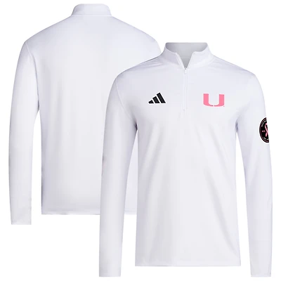 Pull adidas blanc Miami Hurricanes Wear Pink à quart de zip pour homme