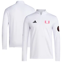 Pull adidas blanc Miami Hurricanes Wear Pink à quart de zip pour homme