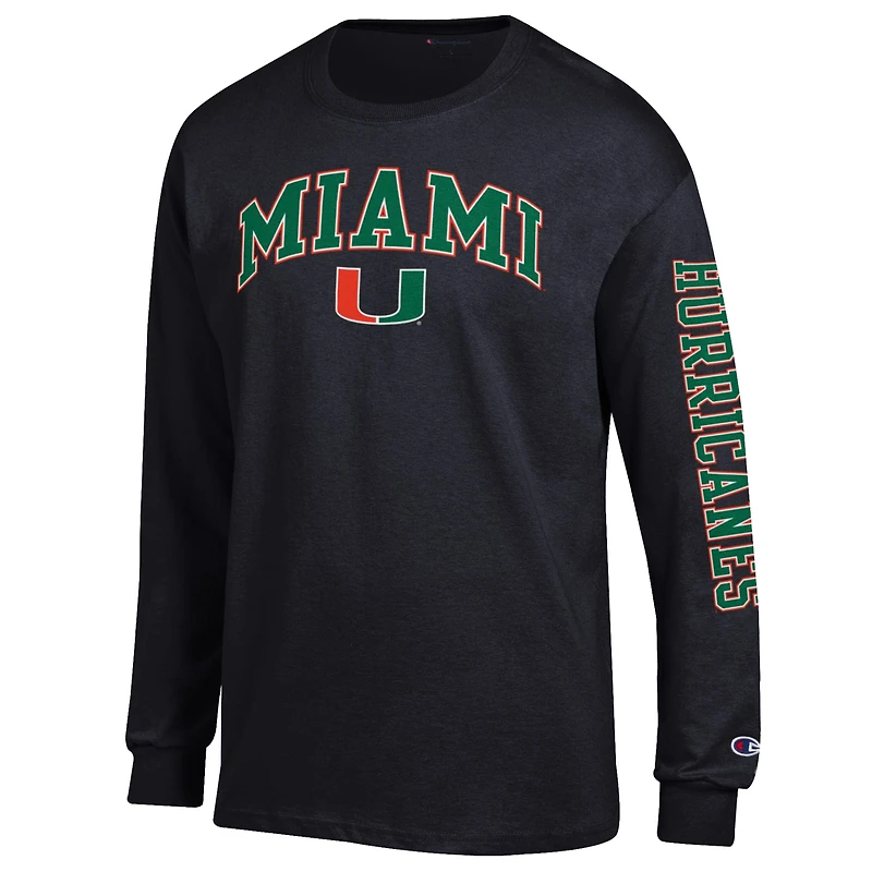 T-shirt à manches longues noir Champion Miami Hurricanes pour homme avec logo Arch Over 2-Hit