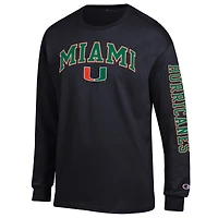 T-shirt à manches longues noir Champion Miami Hurricanes pour homme avec logo Arch Over 2-Hit