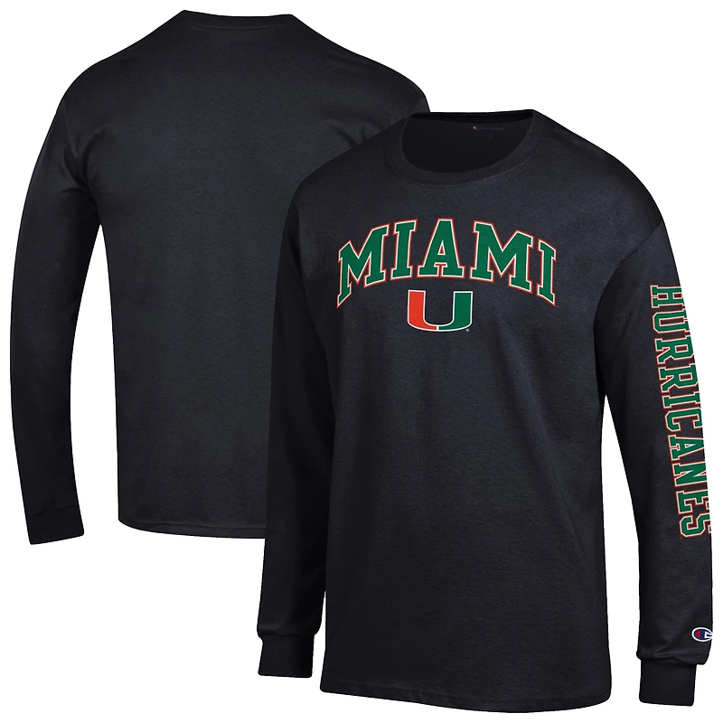 T-shirt à manches longues noir Champion Miami Hurricanes pour homme avec logo Arch Over 2-Hit