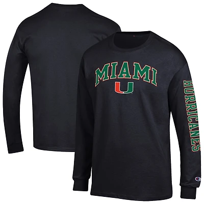 T-shirt à manches longues noir Champion Miami Hurricanes pour homme avec logo Arch Over 2-Hit