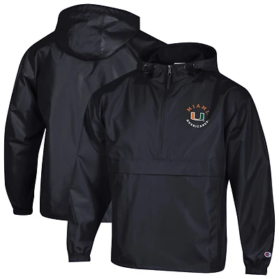 Veste coupe-vent à capuche demi-zip pliable Champion pour homme, noire, Miami Hurricanes